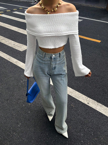 Off Shoulder Cropped Knit Sweater