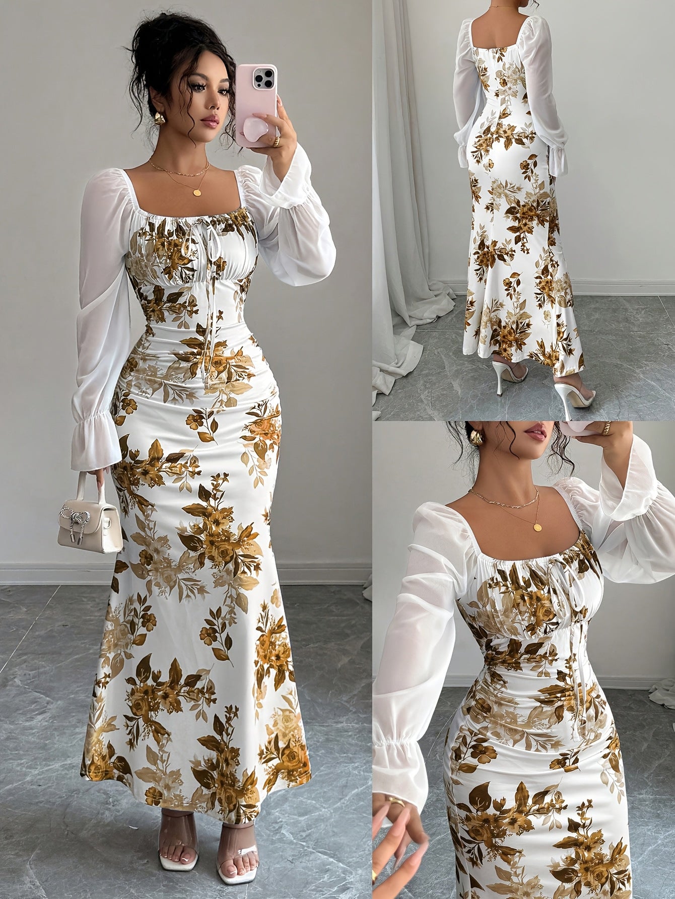 Floral Print Sheer Sleeve Maxi Dress