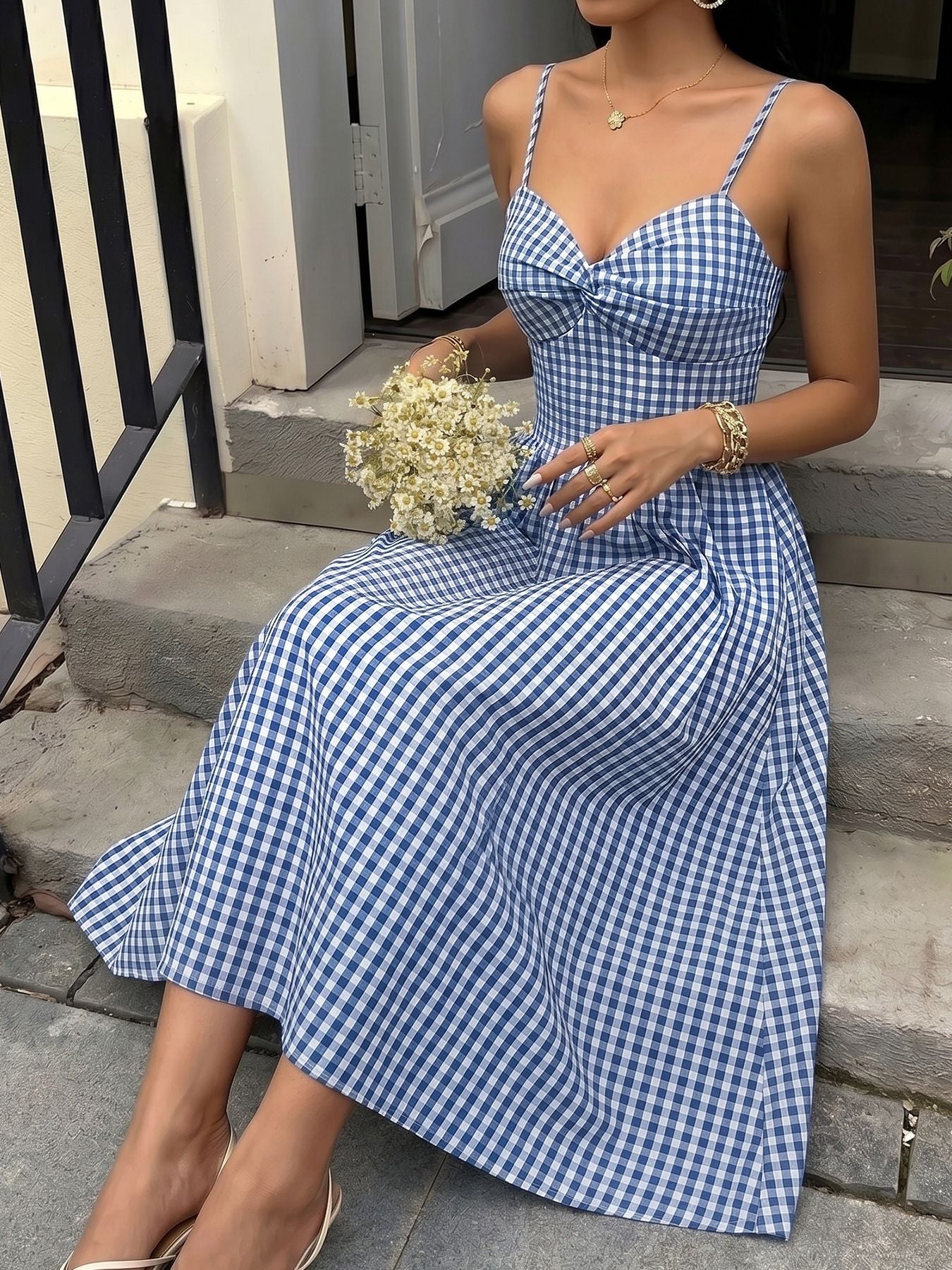 Blue Gingham Midi Summer Dress