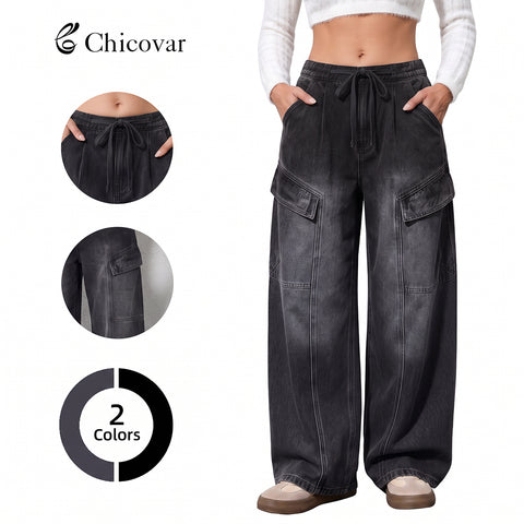 Drawstring High Waisted Cargo Jeans