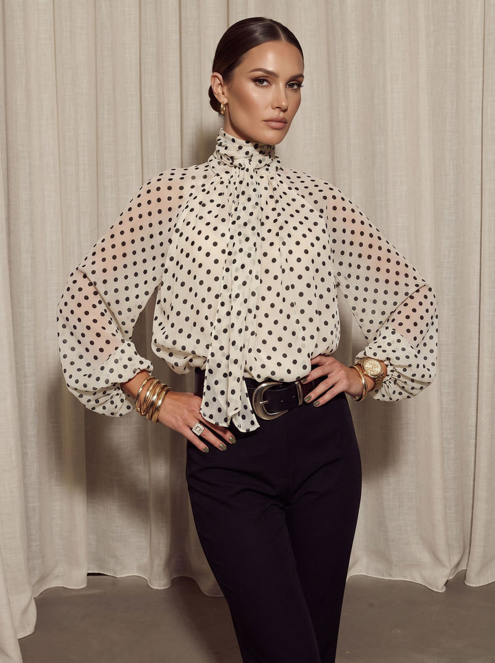 Elegant Polka Dot Bow Blouse