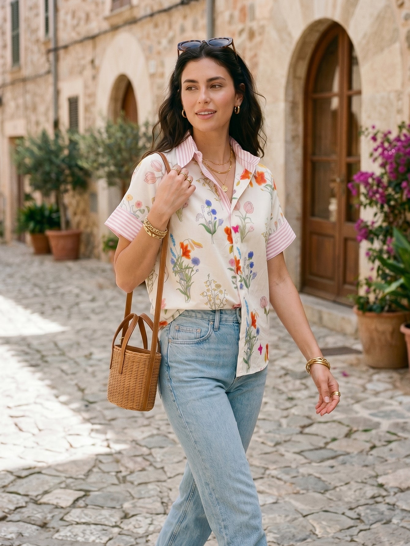 Floral Striped Short Sleeve Button Shirt