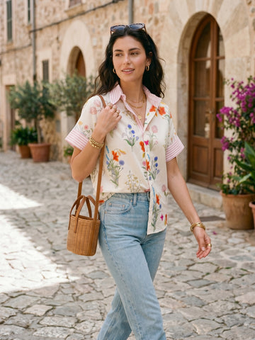 Floral Striped Short Sleeve Button Shirt