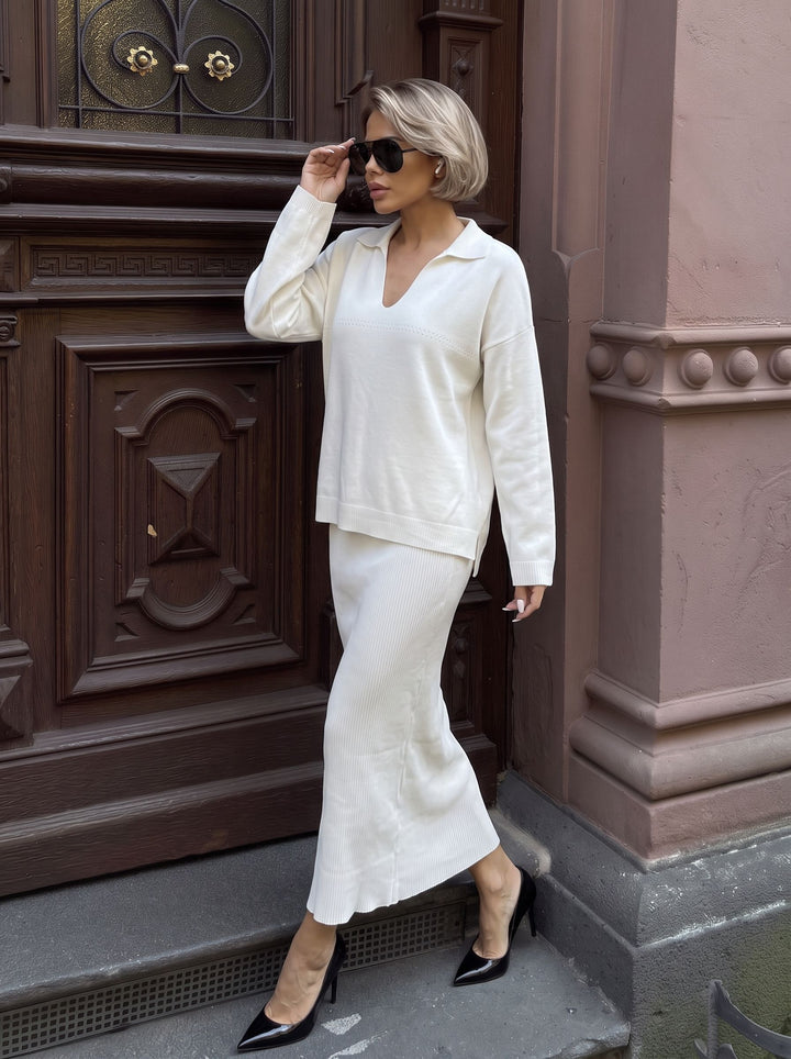 Cozy Collared Knit Sweater Skirt Set