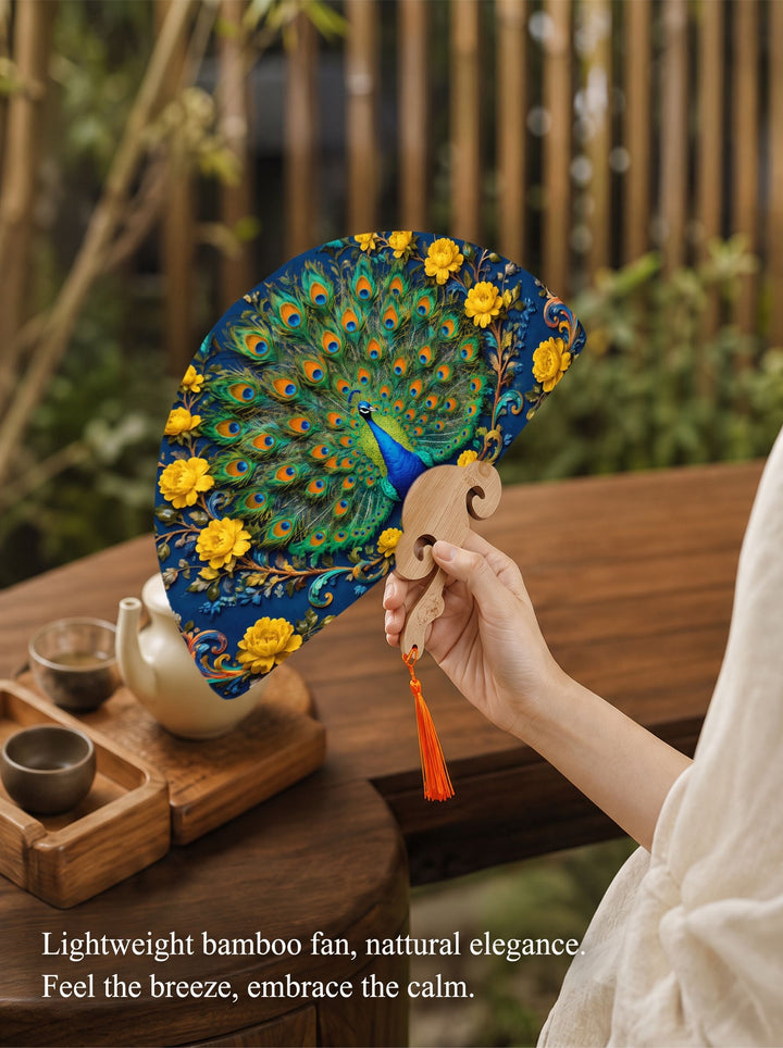 Peacock and Yellow Peonies Folding Fan