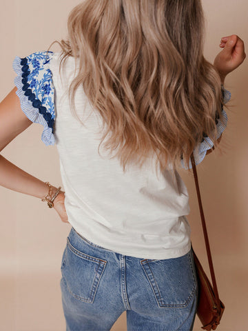 Embroidered Flutter Sleeve Cotton T-Shirt