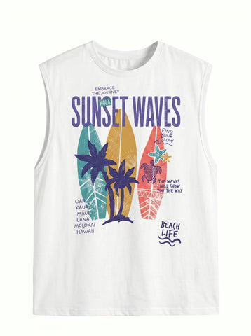 Graphic Sunset Beach Print Muscle Tank