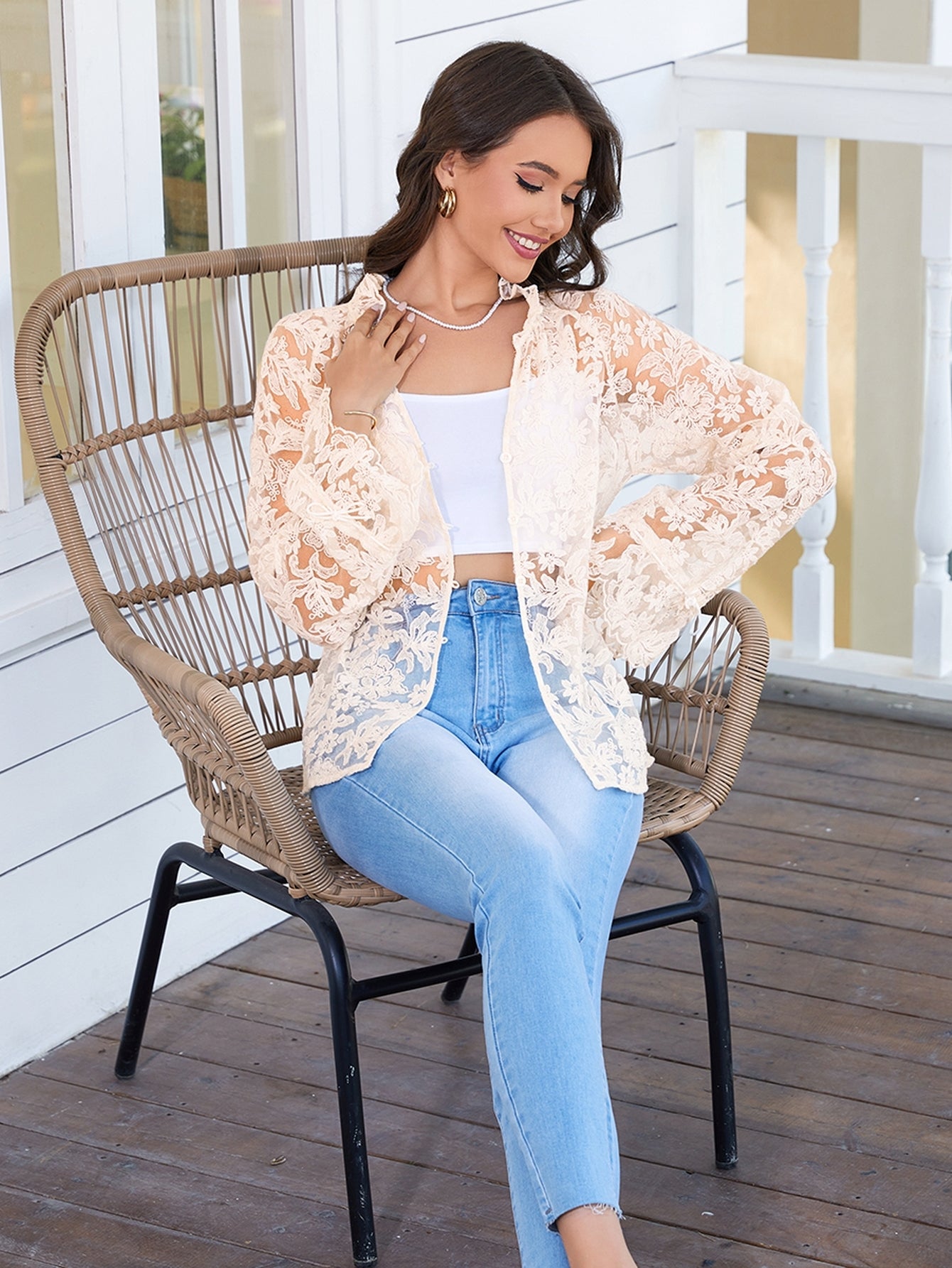 Sheer Floral Lace Button Up Shirt
