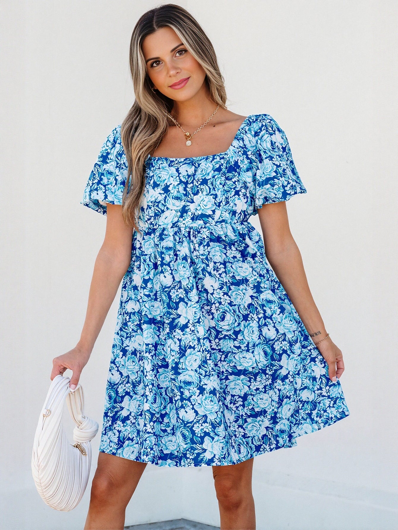 Floral Puff Sleeve Square Neck Dress