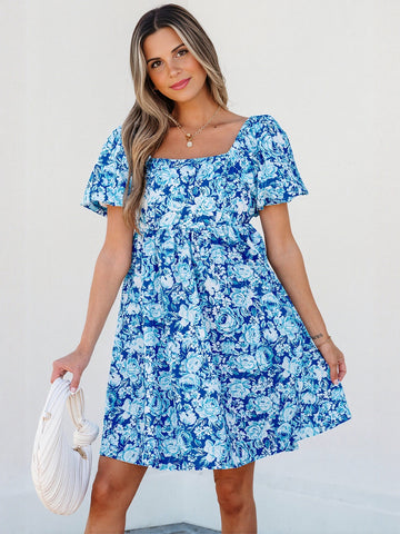 Floral Puff Sleeve Square Neck Dress