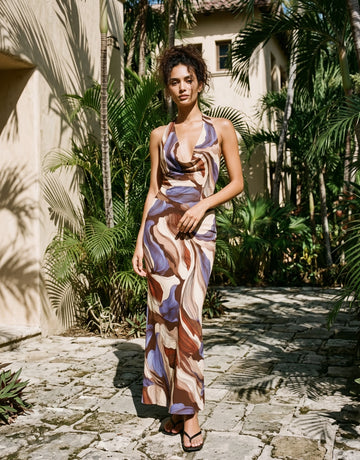 LILA Floral Print Cowl Neck Bodycon Midi Dress