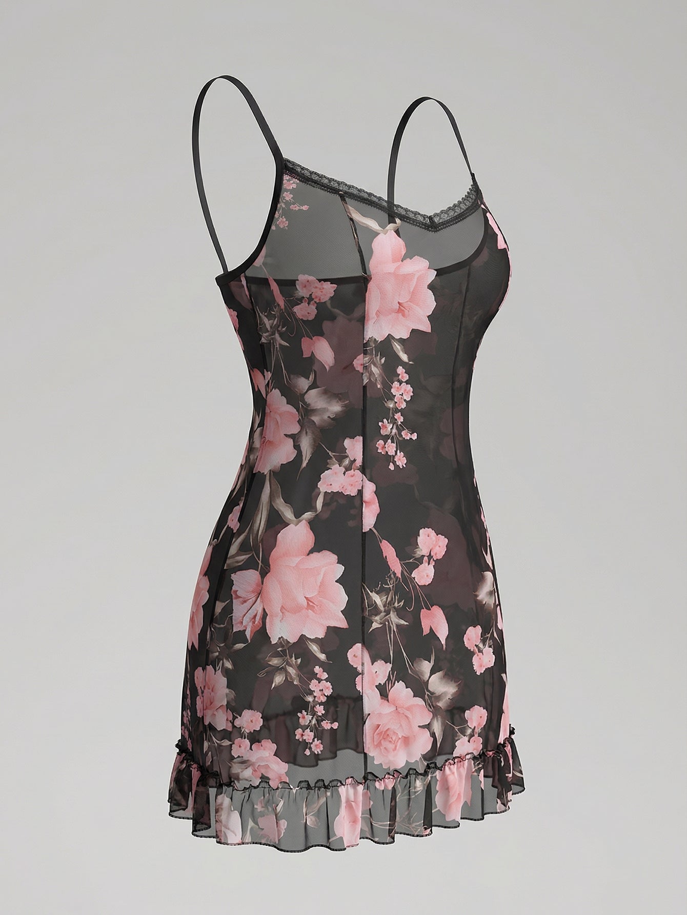 Sheer Floral Lace Sexy Nightgown-Black