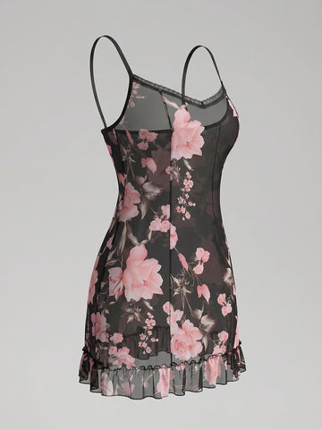 Sheer Floral Lace Sexy Nightgown-Black