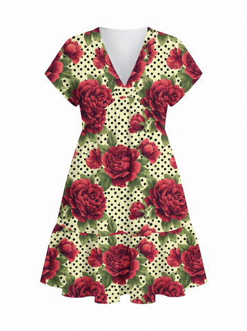 tabstabby9589 -'s Red Rose Polka Dot Print Mini Dress
