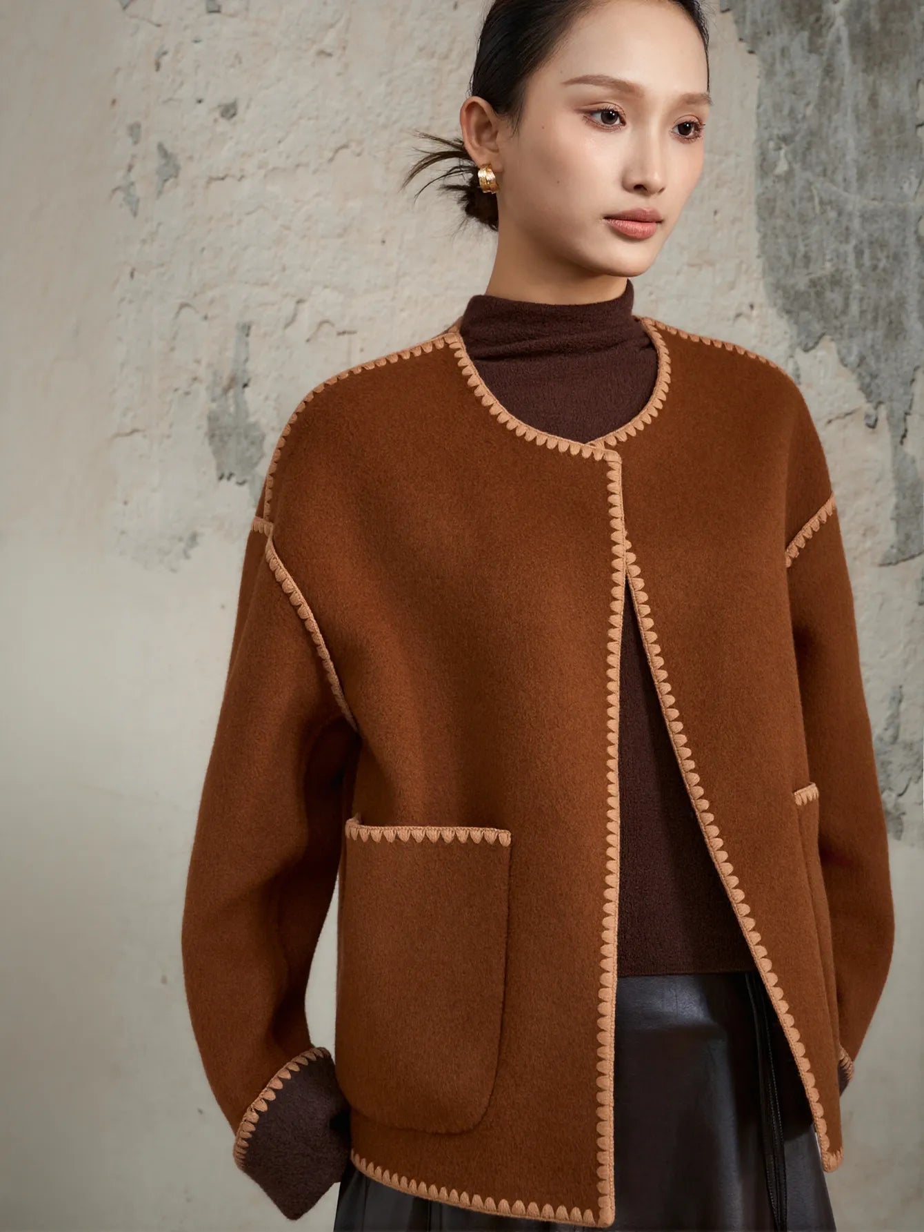 Contrast Trim Wool Blend Coat