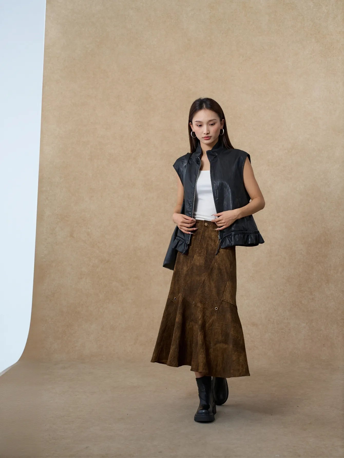 Vintage Distressed Faux Suede Midi Skirt