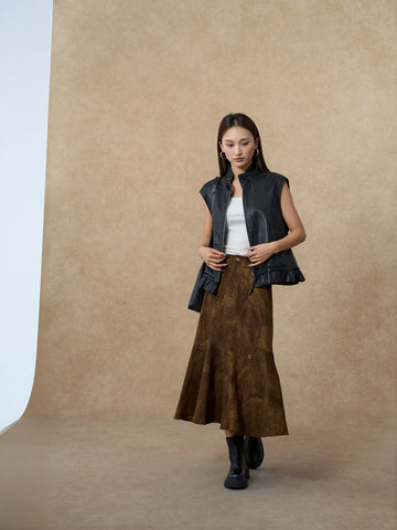 Vintage Distressed Faux Suede Midi Skirt