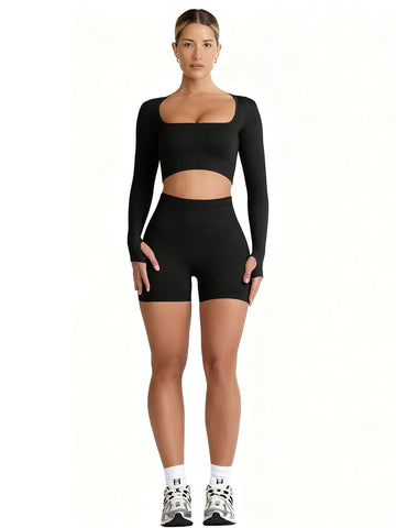 Seamless Square Neck Yoga Shorts Set
