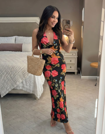 LILA Vintage Rose Print Cowl Neck Bodycon Maxi Dress