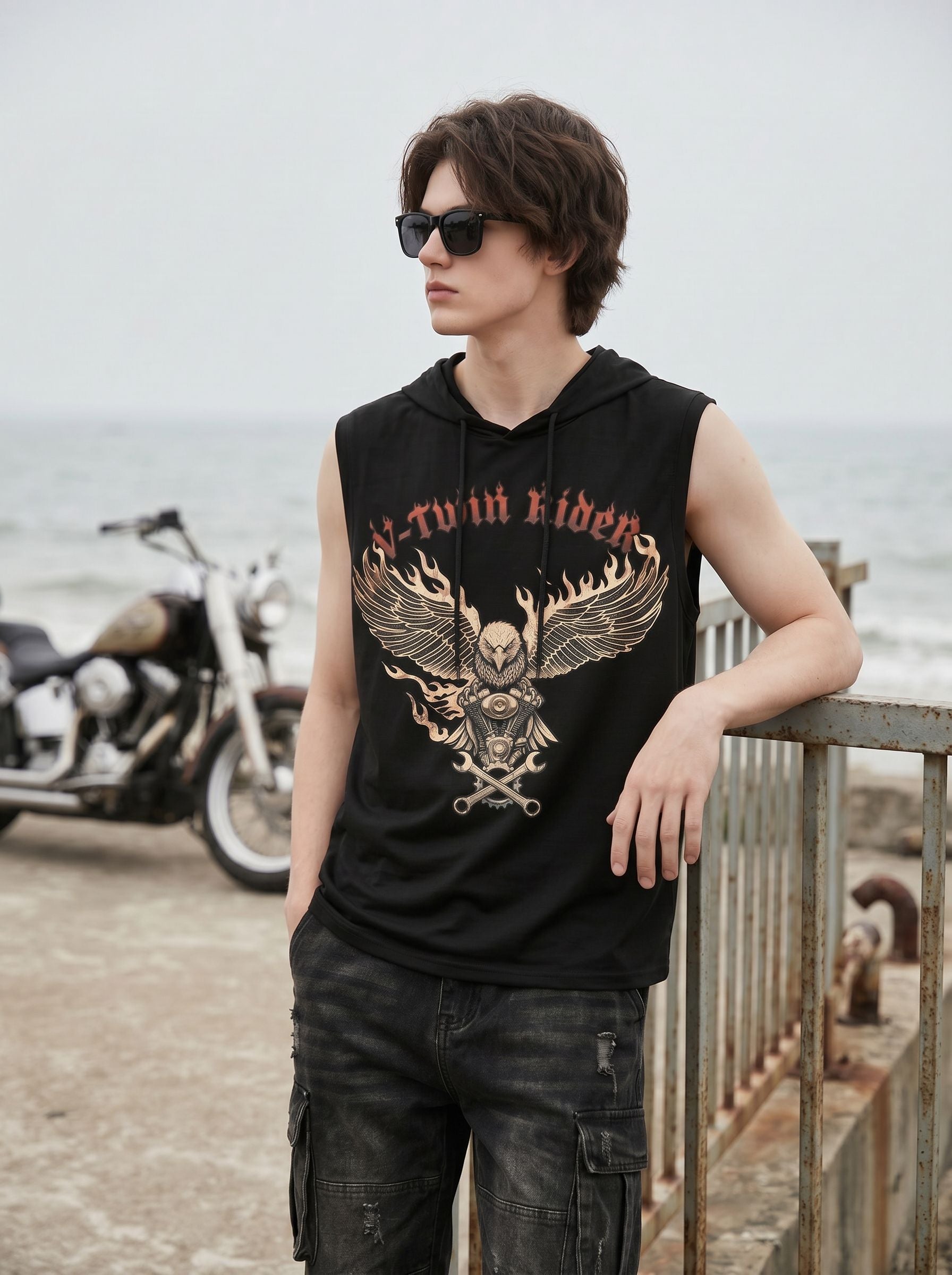 Graphic Eagle Print Hooded Tank Top