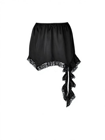 Satin Lace Trim Asymmetric Mini Skirt