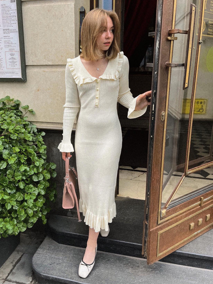 Vintage Collared Ruffle Knit Dress