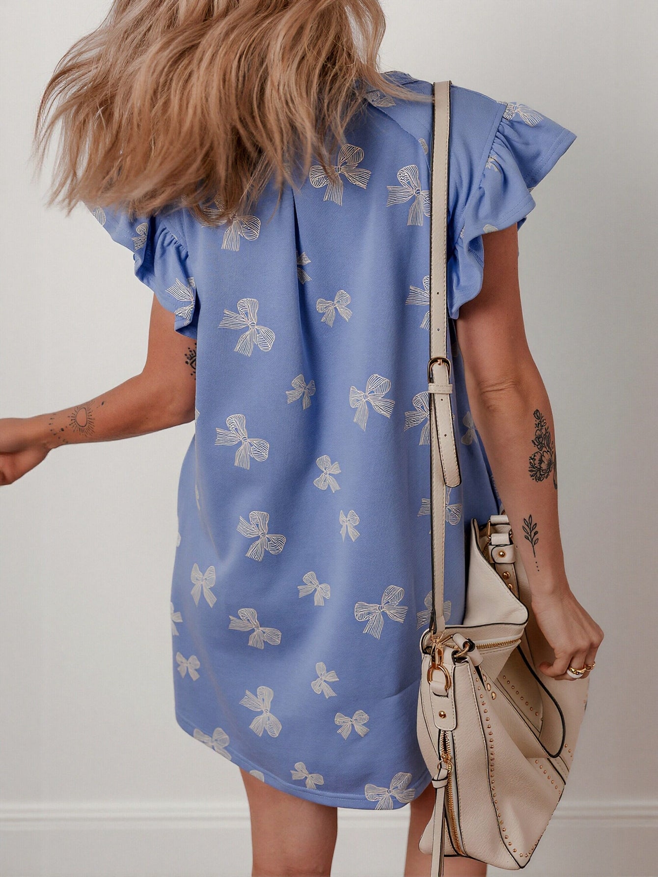 Cute Bow Print Ruffle Sleeve Dress