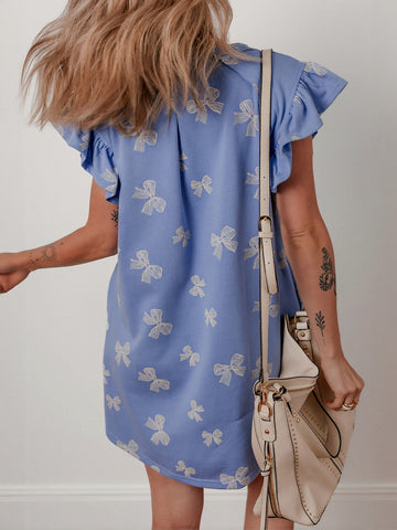 Cute Bow Print Ruffle Sleeve Dress