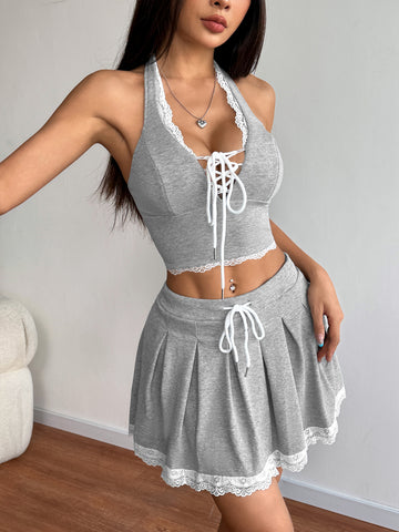 Laced-Up Halter Top Drawstring Mini Skirt Sweet Set