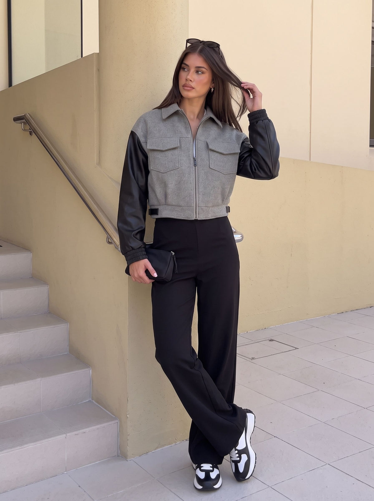 Colorblock Faux Leather Wool Blend Jacket