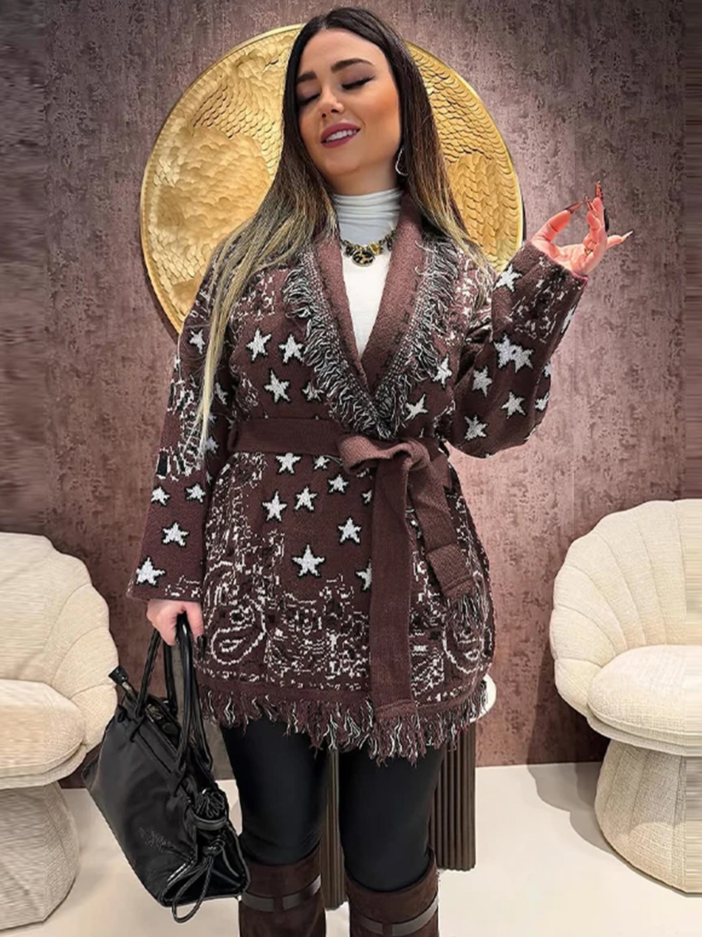 Cozy Star Print Fringe Cardigan