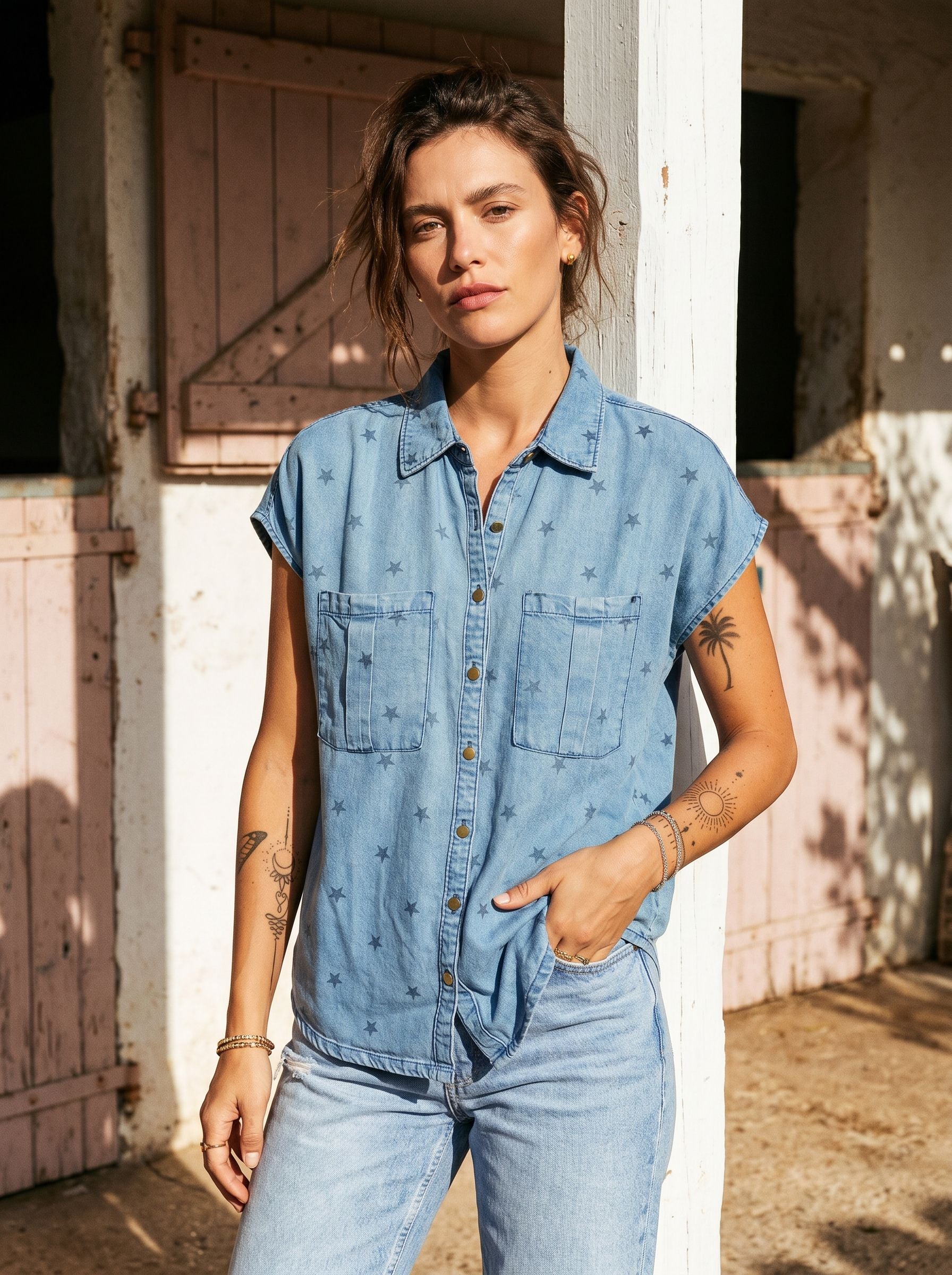 Star Print Button Down Denim Shirt