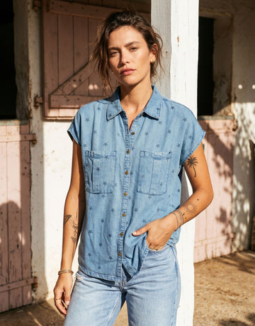Star Print Button Down Denim Shirt