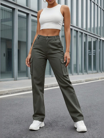 High-Waisted Multi-Pocket Cuff Utility Pants-Gray