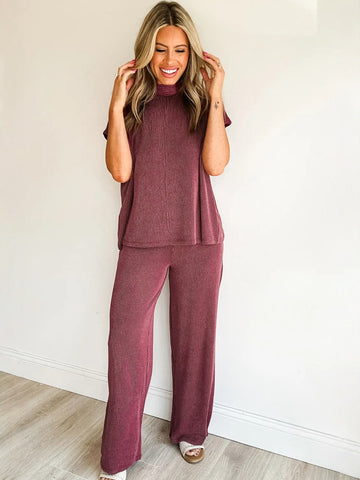 Striped High Neck Wide Leg Pants Set