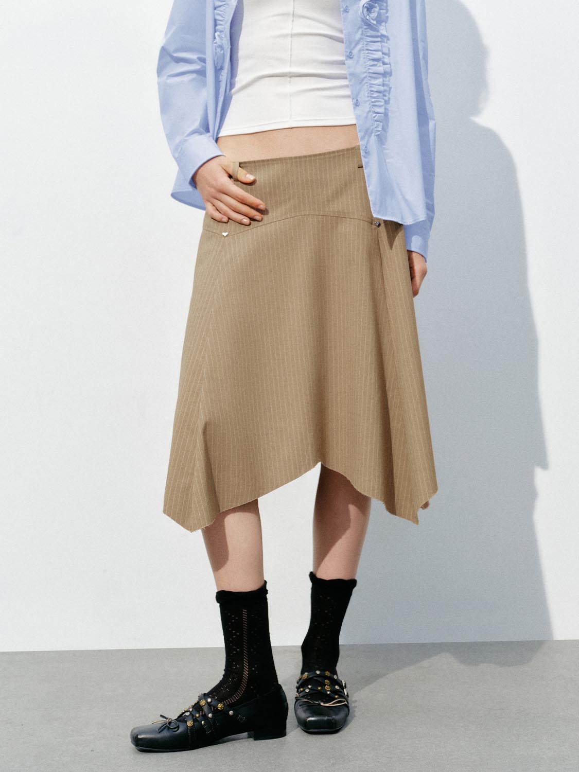 Urban Revivo Irregular Hem A-Line Skirts-Lightu00A0 Khaki Stripes