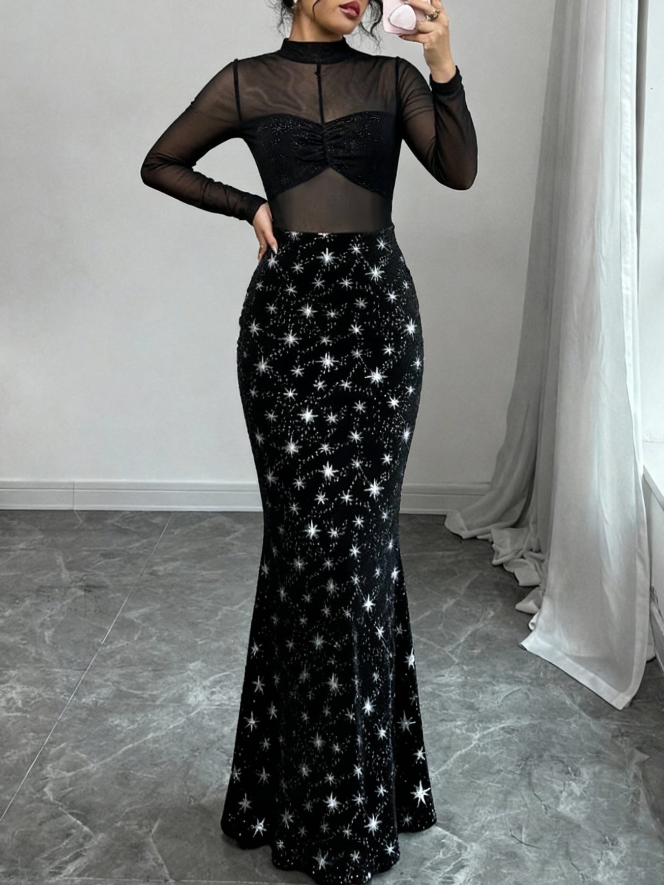 Sheer Mesh Star Print Maxi Dress