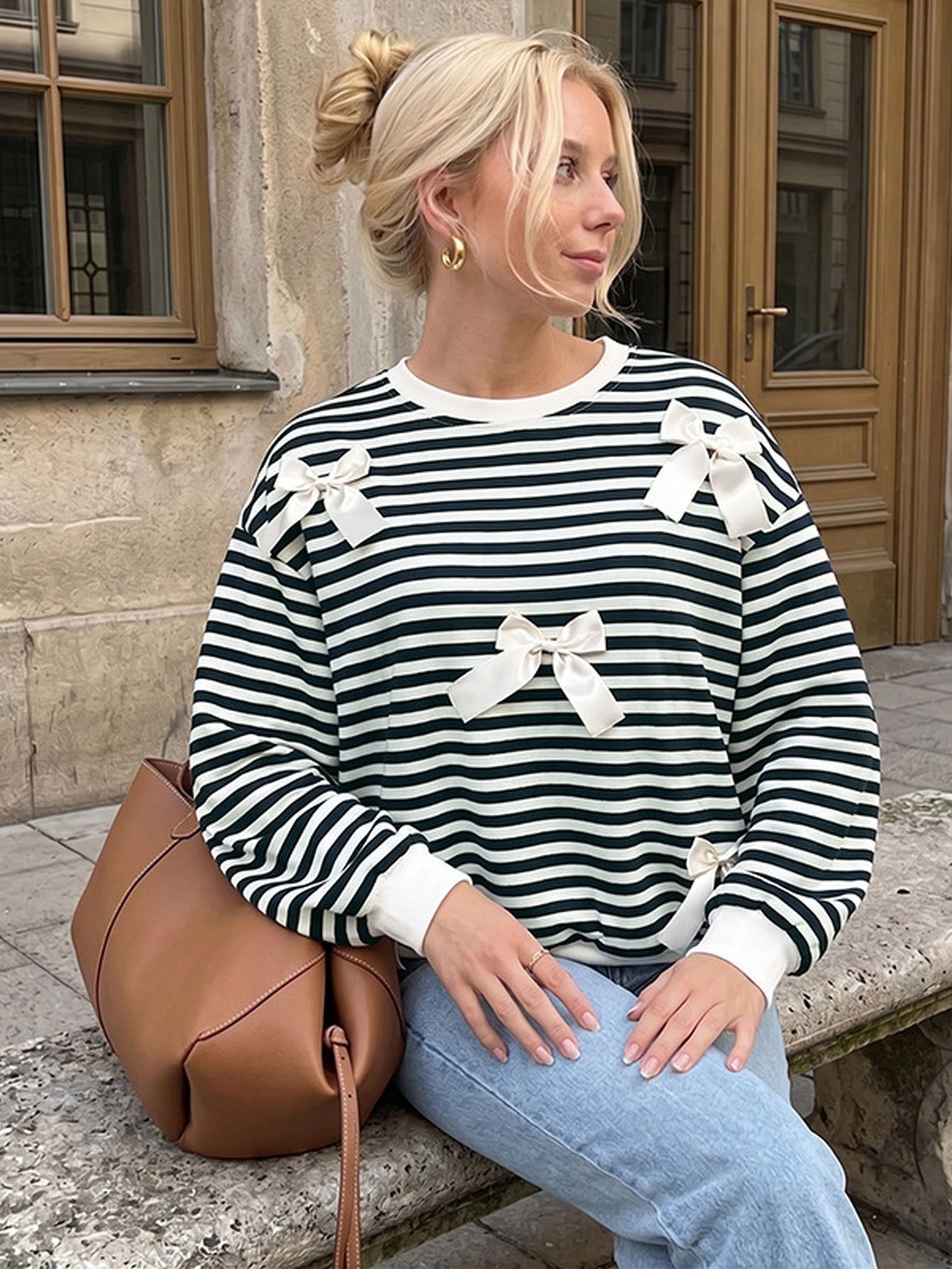 Cozy Striped Bow Accent Sweatshirt