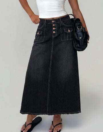 High Waisted Button Front Denim Midi Skirt