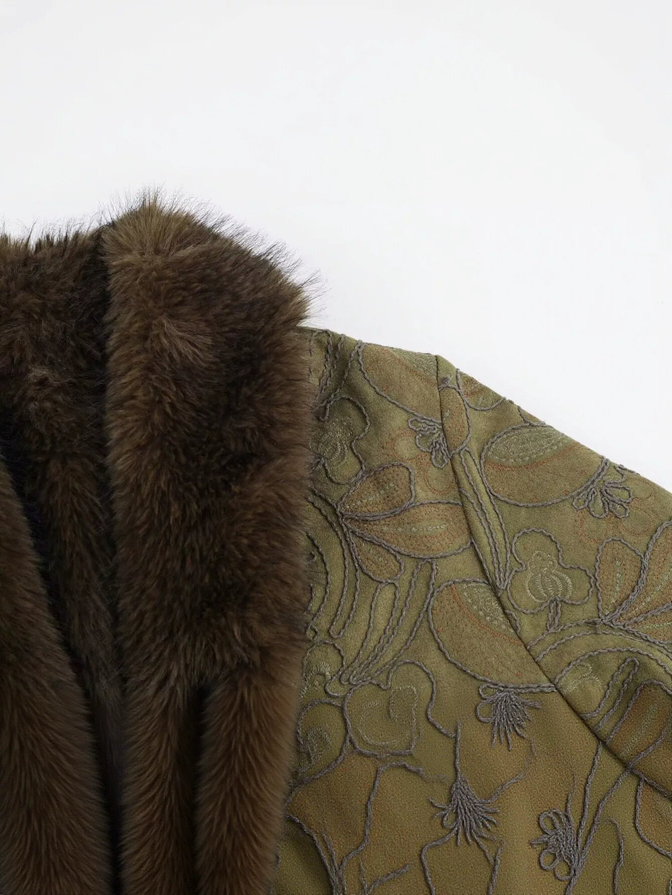 Embroidered Faux Fur Trim Coat