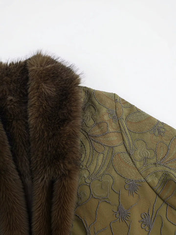Embroidered Faux Fur Trim Coat