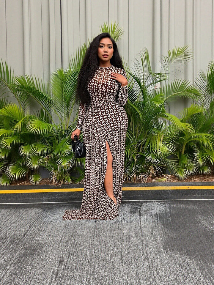 Printed Mesh Slit Maxi Dress