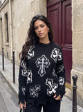Distressed Grunge Cross Print Sweater