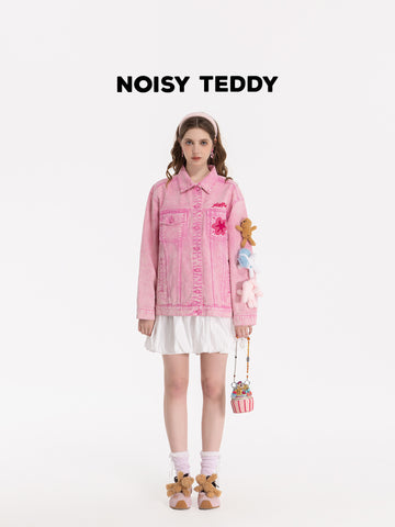 Oversized Pink Graphic Denim Jacket