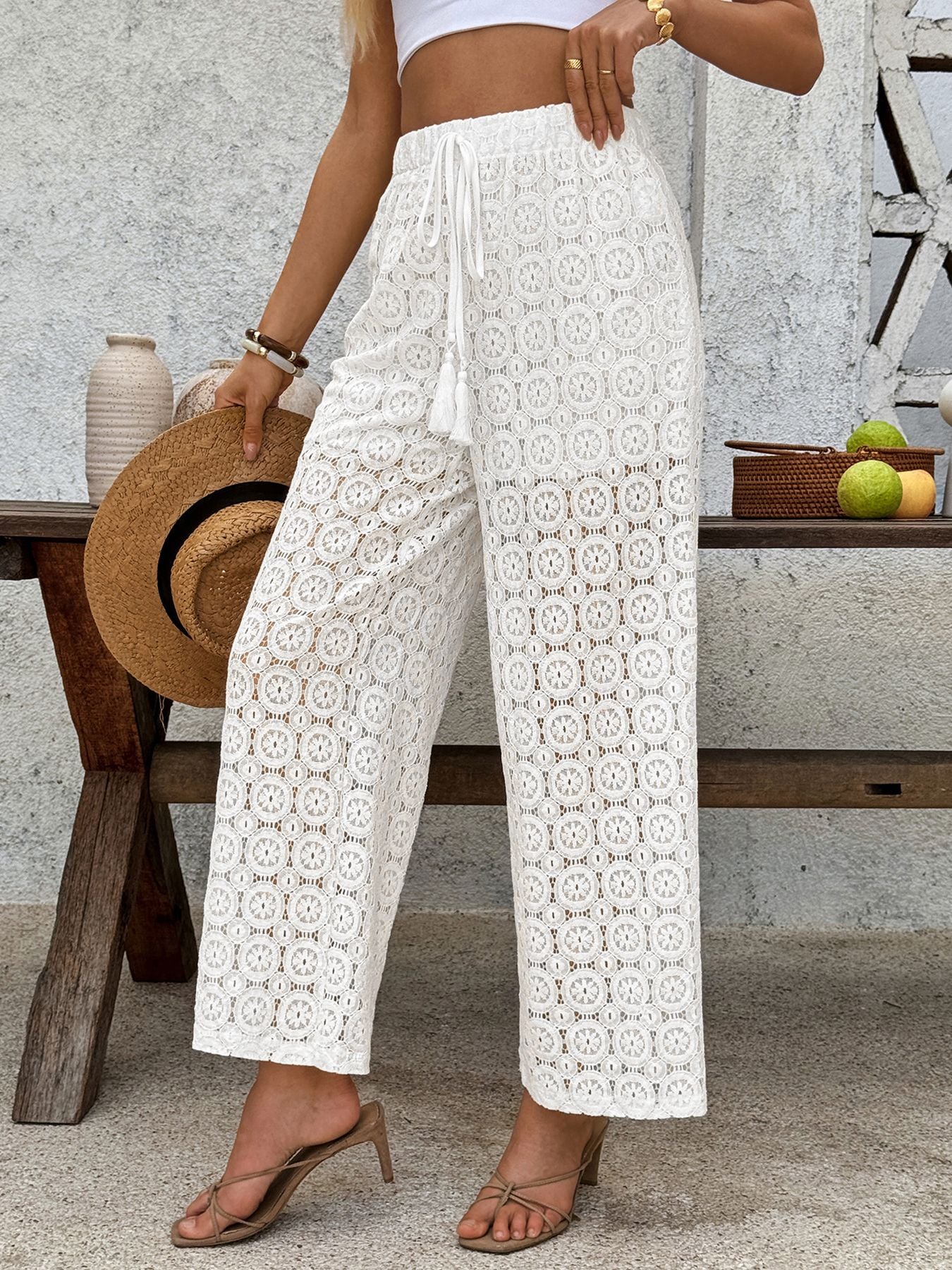 Crochet Drawstring-Waist Boho Pants
