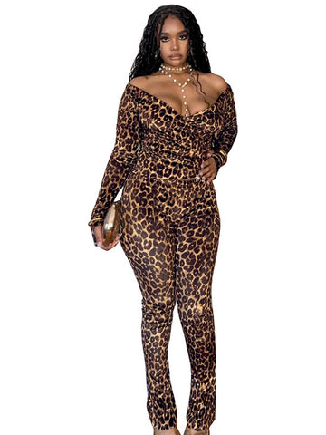 Sexy Leopard Off Shoulder Pants Set