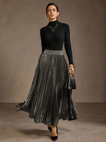 Metallic Pleated High Waisted Midi Skirt