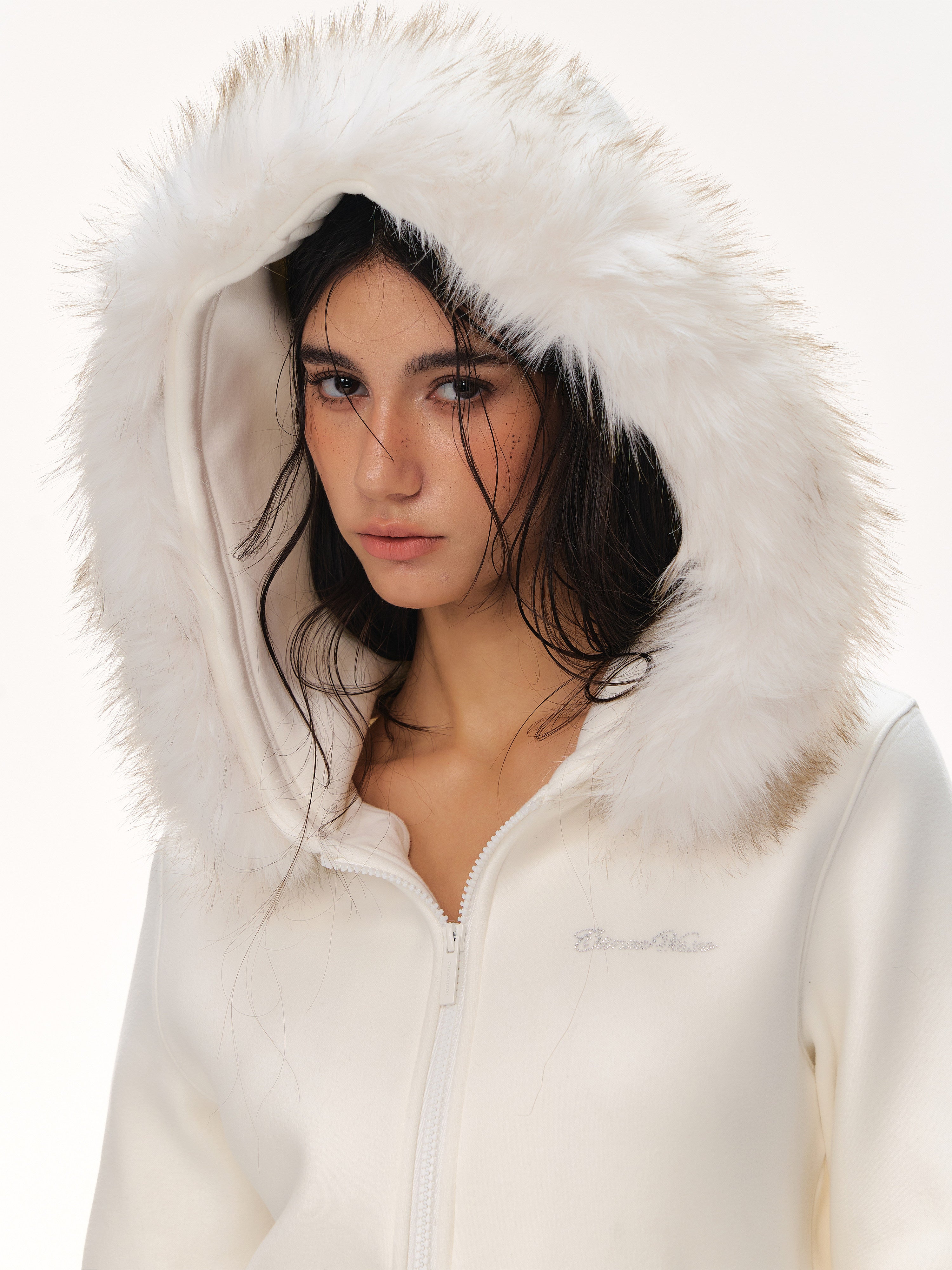 Faux Fur Hooded Zip Up Jacket