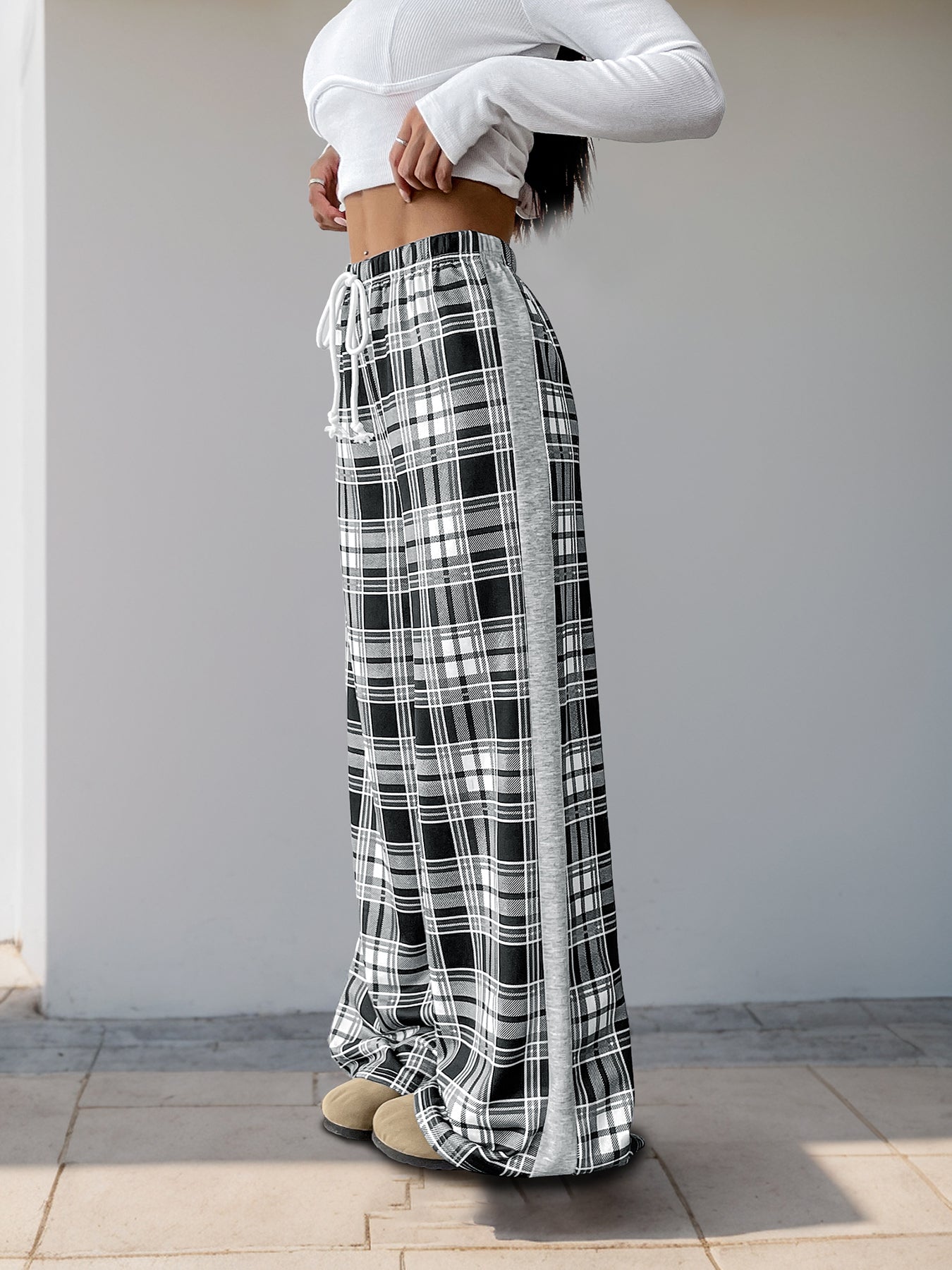 Plaid Print Wide-Leg Resort Casual Pants-Multicolor
