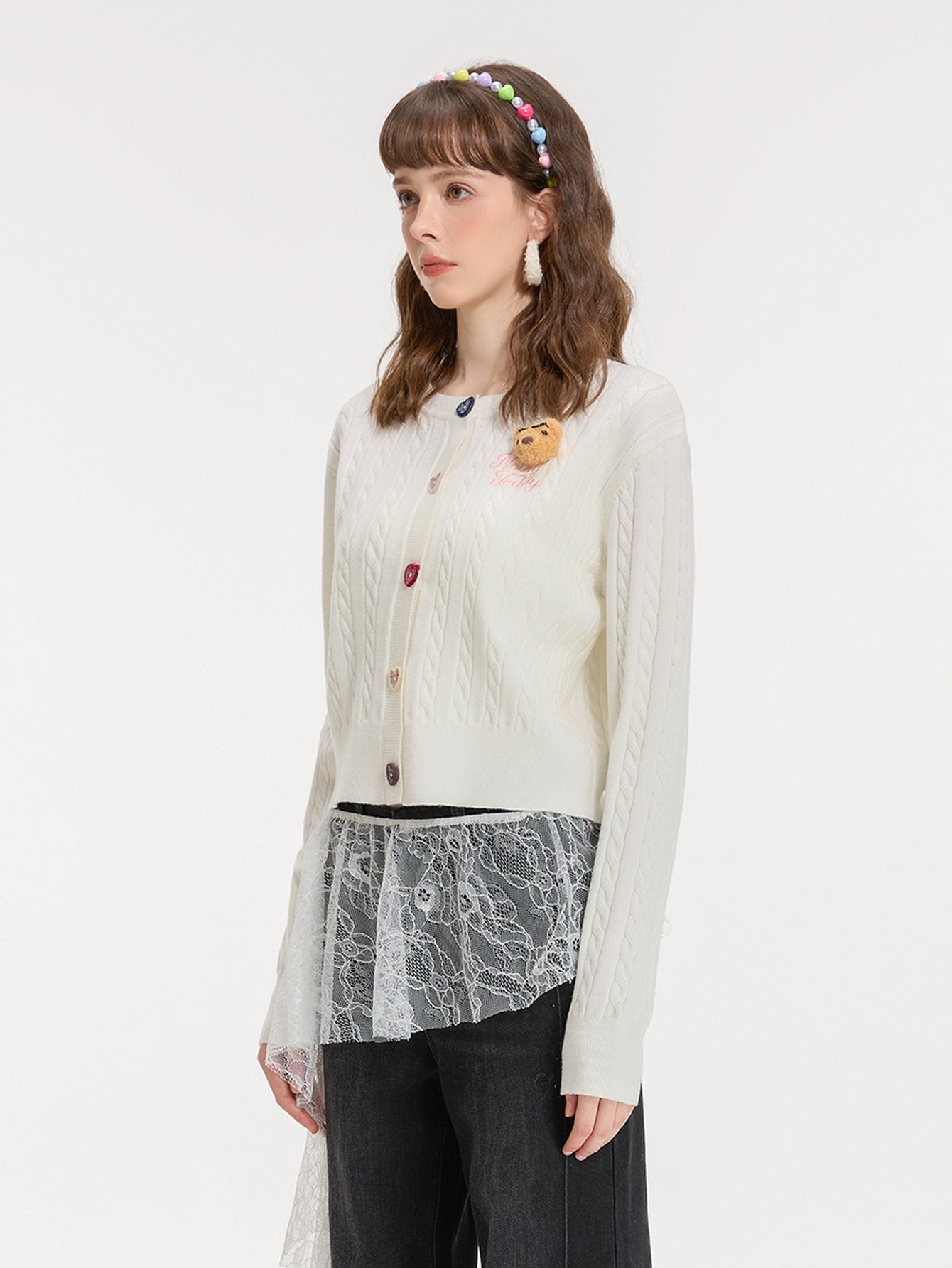 Cute Teddy Embroidered Cable Knit Cardigan